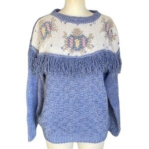 Vintage chunky knit fringe sweater floral embroidery blue  Korea coquette girl